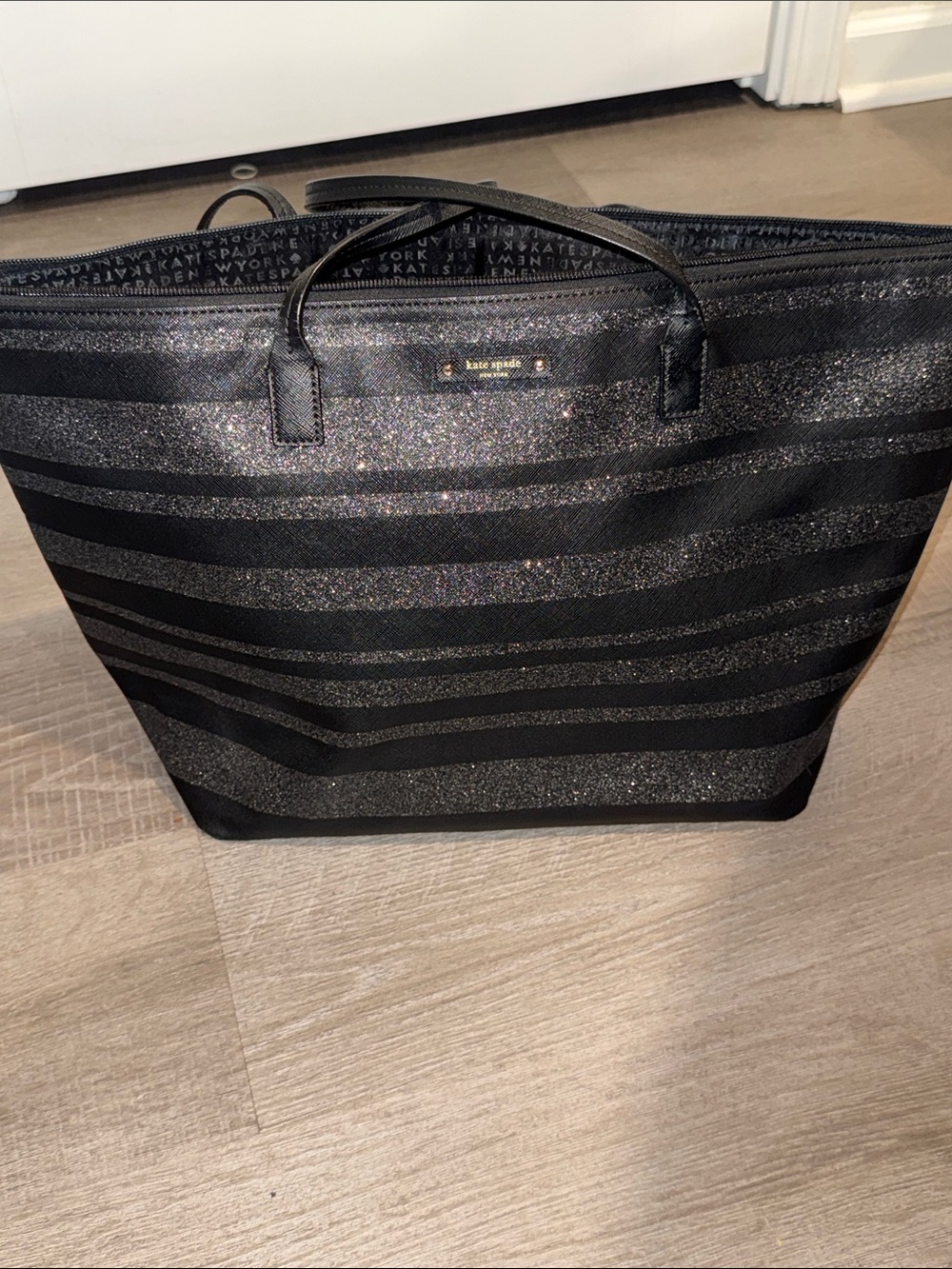 Kate Spade Haven Lane Hani Glitter Stripe Tote Black/Silver
